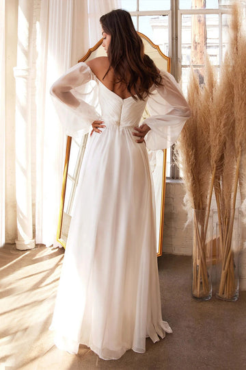 Witte A-lijn off the shoulder lange mouwen ruches bruiloft feest jurk